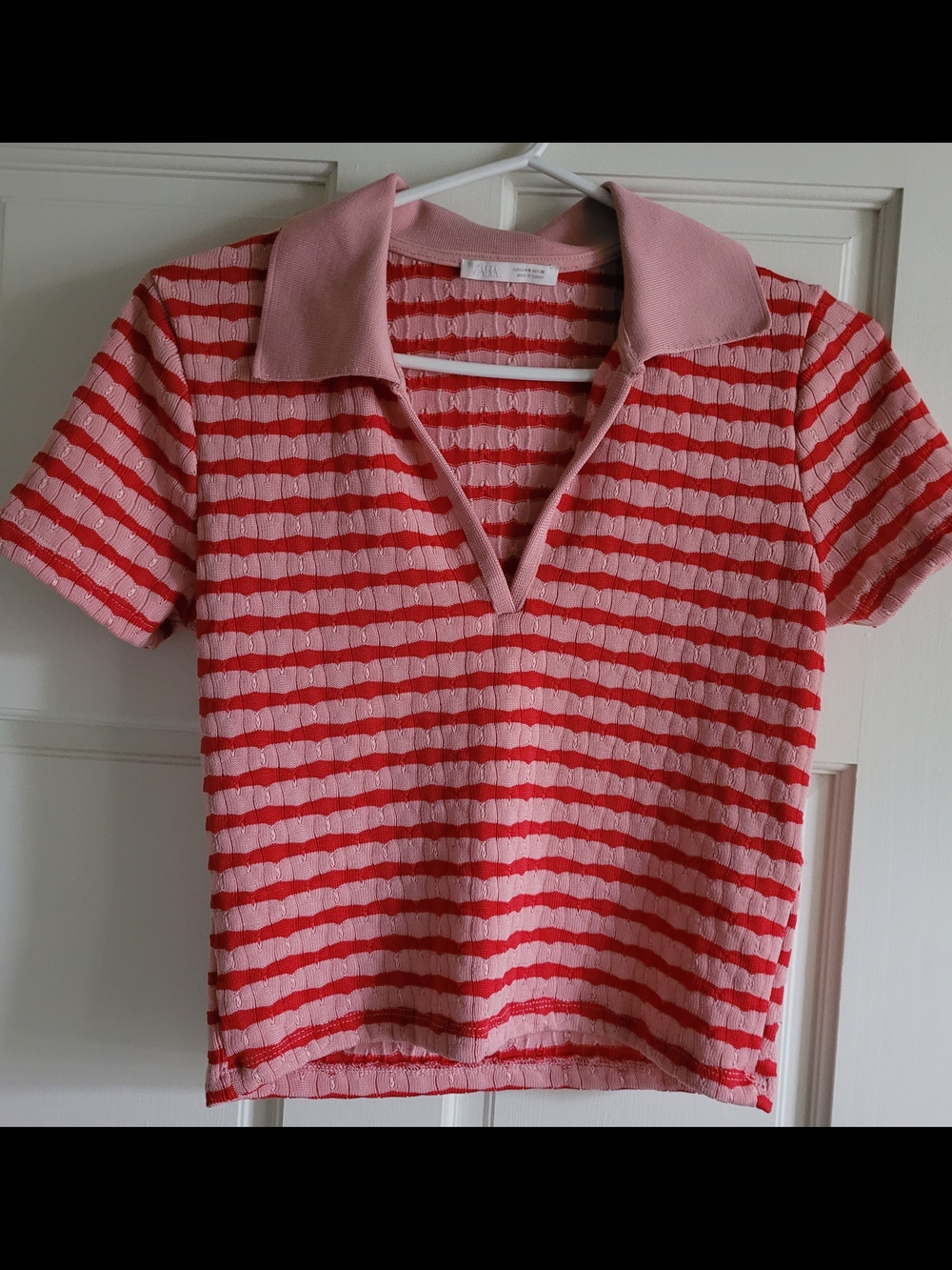 Zara Pink and Red Striped Knit Polo Top
